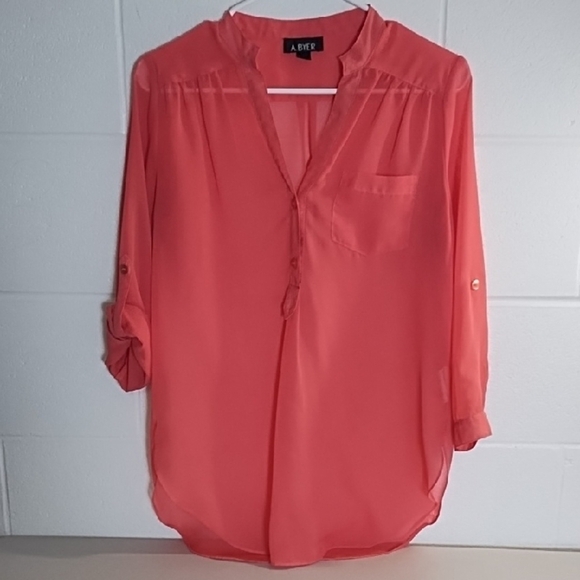 A. Byer Coral Sheer Tangerine 1/2 Button-Up Blouse 3/4 Roll tab Sleeves - Picture 11 of 11